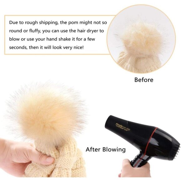 Women White Soft Acrylic Thick Baggy Knit Winter Faux Fur Pompom Beanie - Picture 6 of 6